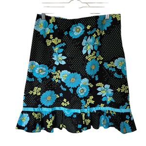 No Boundaries Juniors Floral Skirt Black‎ Blue Yellow Ruffle Hem Size 11 y2k